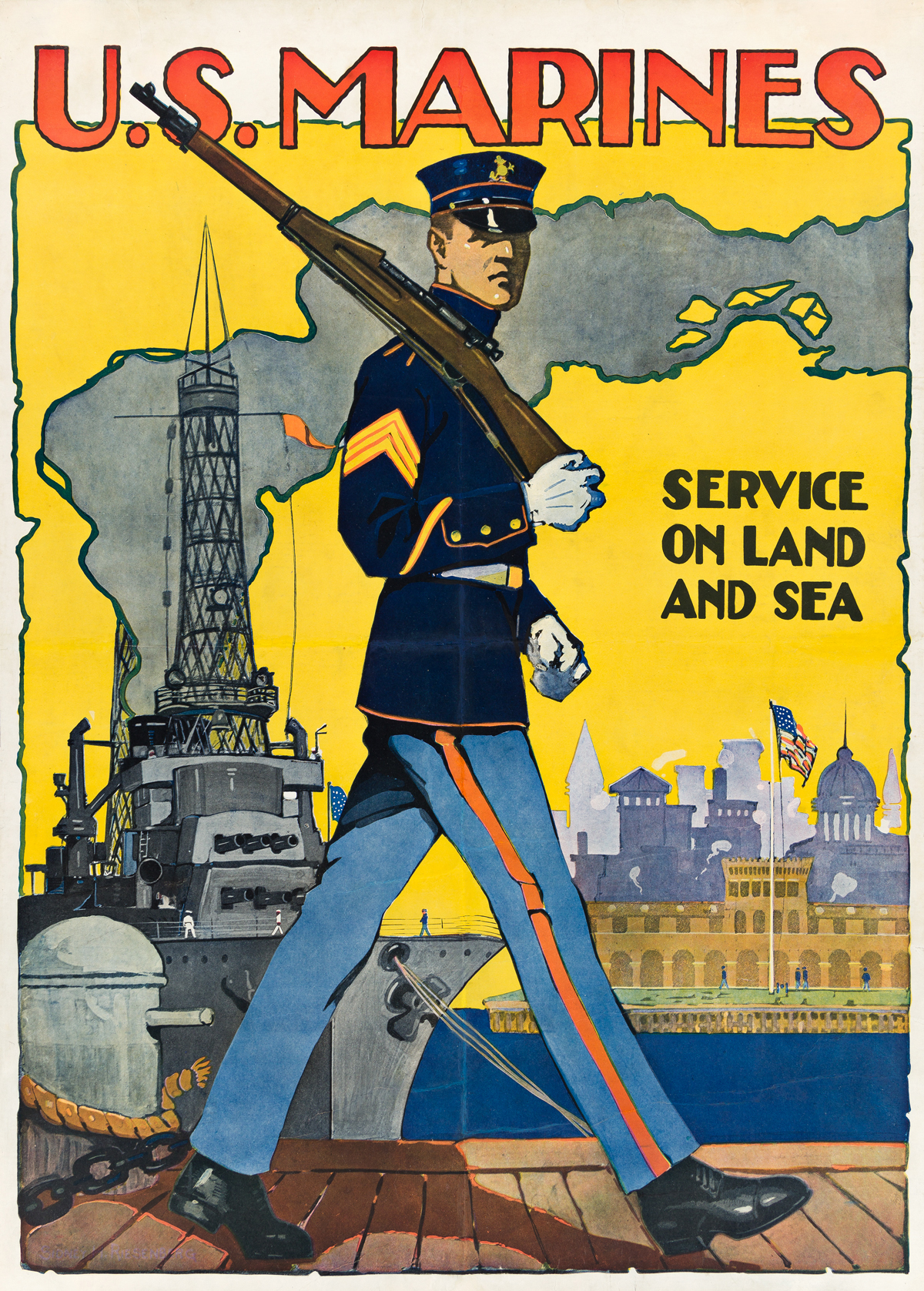 SIDNEY H. RIESENBERG (1885-1972).  U.S. MARINES / SERVICE ON LAND AND SEA. 1917. 35¾x25½ inches, 90¾x64¾ cm.
